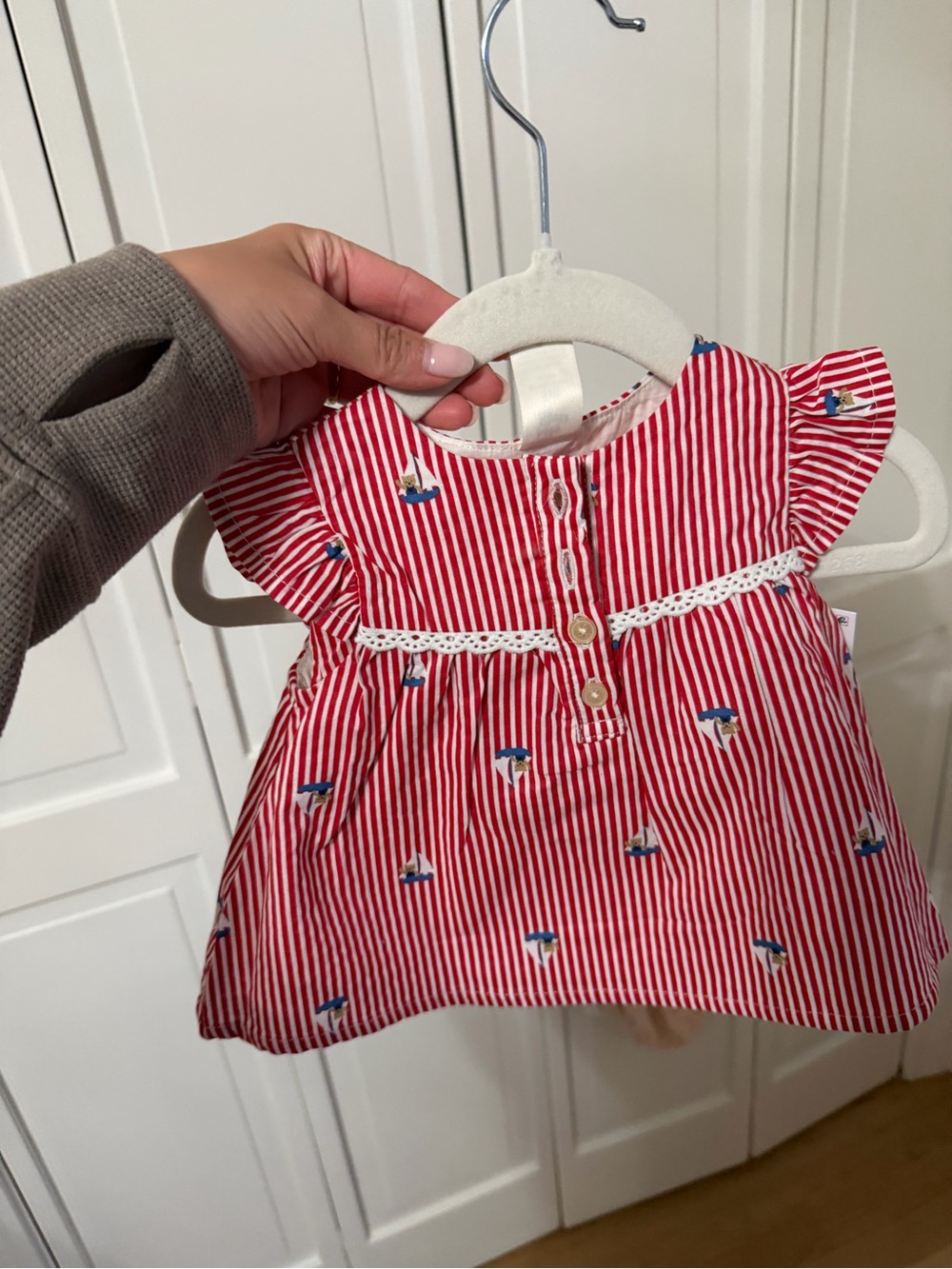 Red Striped baby Dress with Lace Trim